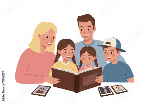 Family gathers viewing a photo album with framed pictures on a white background