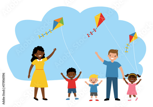 Family joyfully flies kites against a blue sky backdrop