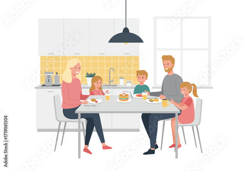 Family of five eating breakfast at a table in a kitchen