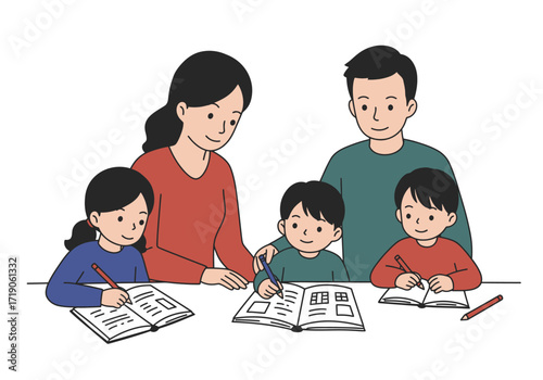Family of five seated at a table helping their children with homework