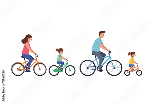 Family of four cycling two adults and two kids