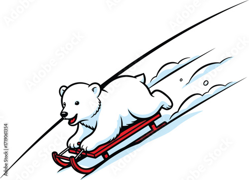 Vector art of polar bear cub sledding down a snowy hill