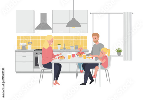Family of four eating breakfast in a kitchen setting