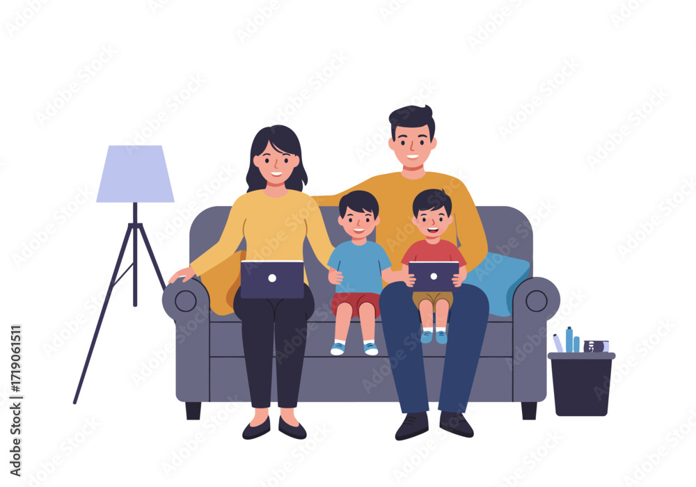 Fototapeta premium Family of four on gray sofa mother and kids hold laptops floor lamp bin