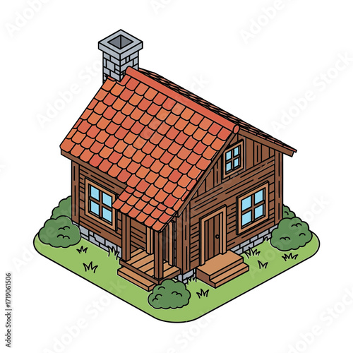Charming isometric cottage with cozy appeal, perfect for architectural designs, game assets, or storybook illustrations, radiating warmth and rustic beauty