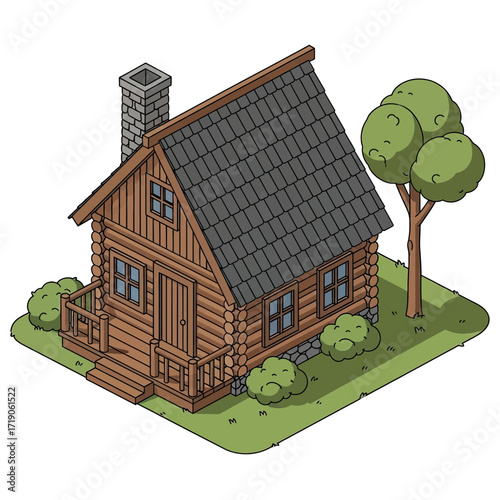 Isometric log cabin nestled in nature, escape to a cozy retreat with this charming home illustration, perfect for travel and vacation projects.