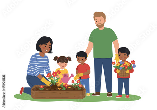 Family of four plants flowers in a raised garden bed on a grassy area with a dad