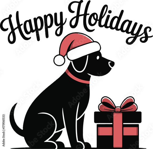Christmas dog with Santa hat and gift silhouette vector
