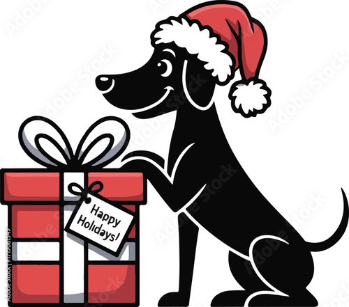 Christmas dog with Santa hat and gift silhouette vector