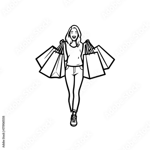 Black and white line art of a beautiful happy woman carrying shopping bags minimalist cheerful illustration
