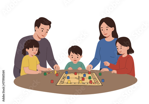 Family of four playing a board game with colored tokens on a round table