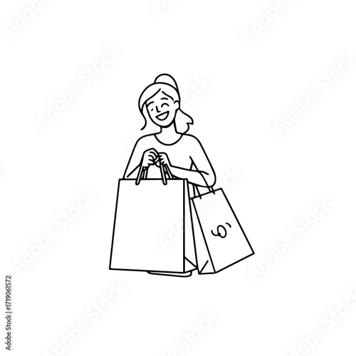 Black and white line art of a beautiful happy woman carrying shopping bags minimalist cheerful illustration