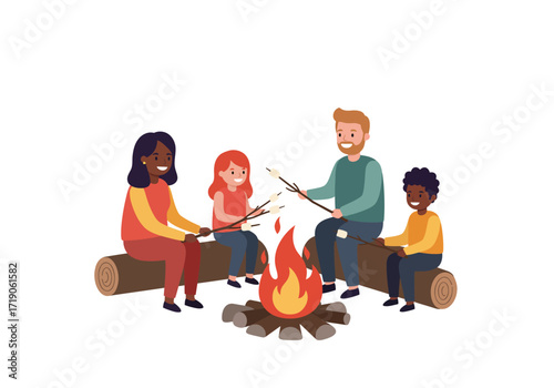 Family of four roasting marshmallows around a campfire seated on logs