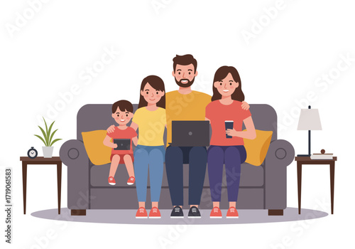 Family of four seated on a gray sofa using tech devices in a room