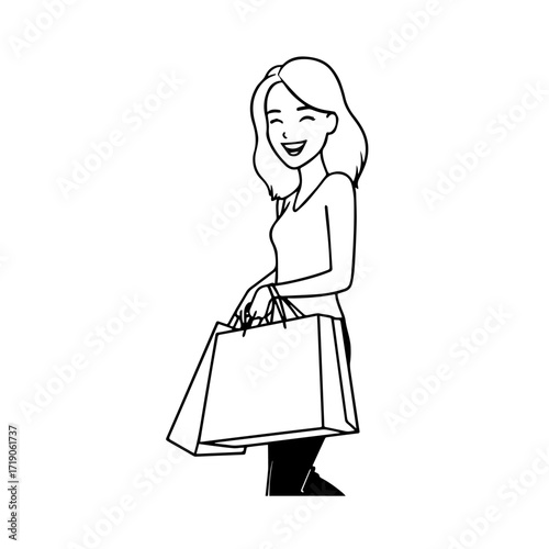 Black and white line art of a beautiful happy woman carrying shopping bags minimalist cheerful illustration
