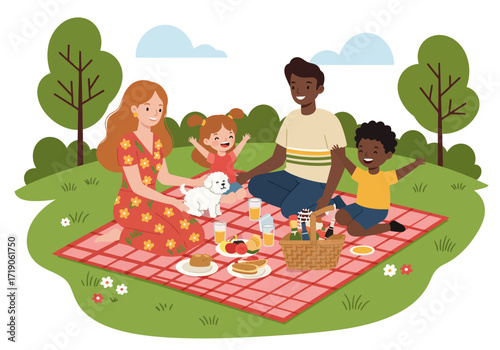Family on a picnic blanket in a park setting surrounded by food drinks and a dog