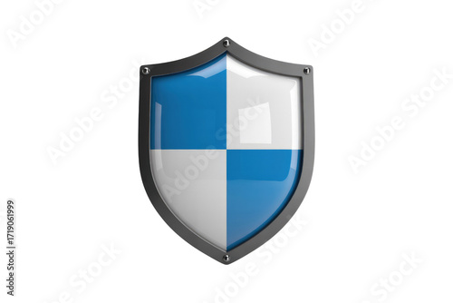 A glossy, metallic shield with a blue and white checkered design, symbolizing protection and security. background removed Free Download A glossy, metallic shield with a blue and white checkered design, symbolizing protection and security. background removed - GFXLoad