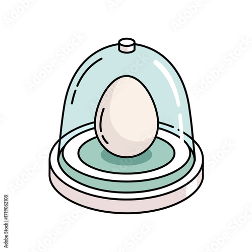Whimsical egg under a delicate glass dome, perfect for Easter treats and culinary delights, a symbol of freshness and simple pleasures, originally vector art