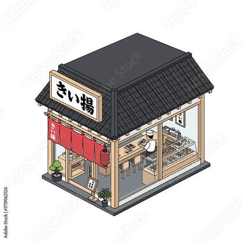 Charming Japanese restaurant isometric view invites hungry customers with its detailed architecture and cozy atmosphere, ideal for travel guides and food blogs
