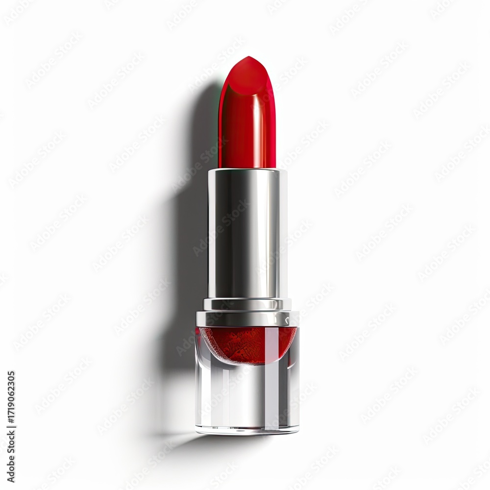 Obraz premium A vibrant red lipstick in a sleek, silver and clear tube casts a subtle shadow against a stark white backdrop