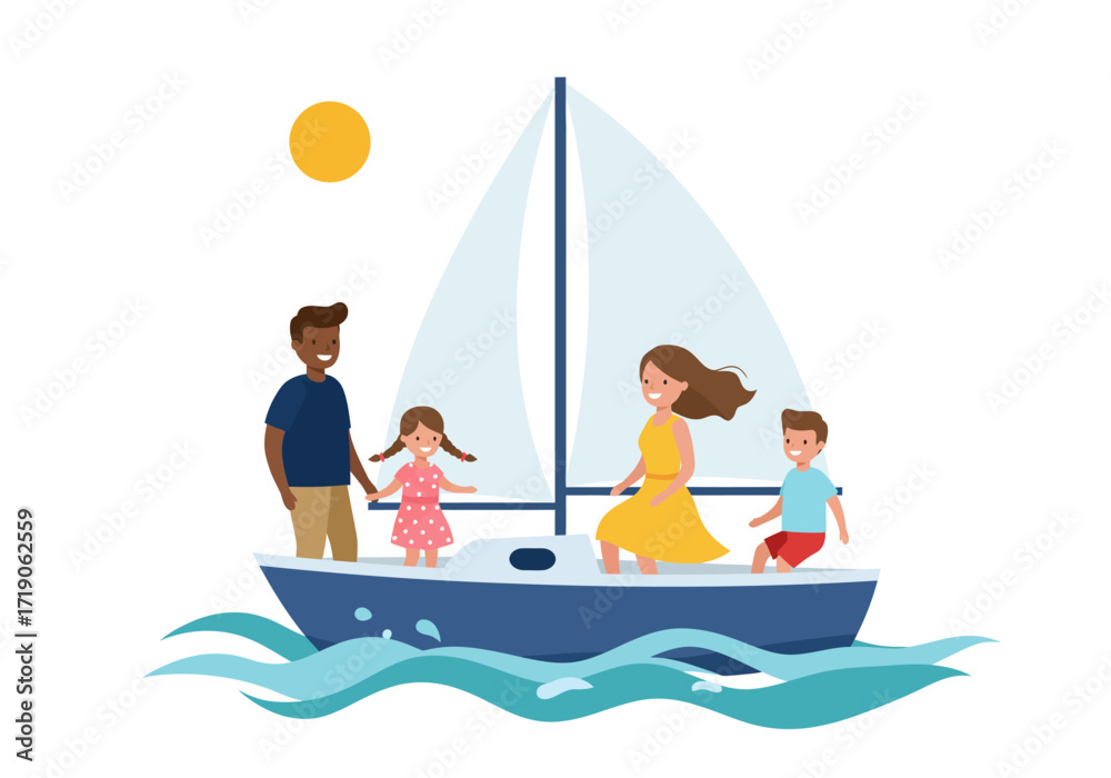 Obraz premium Family sailing on a yacht with a large sail in calm waters under a bright sun