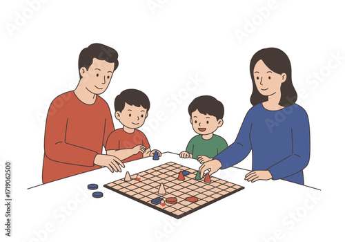 Family plays board game parents  kids around a gridbased game tokens  playing pieces visible