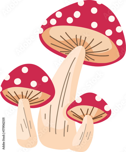 Red-capped mushrooms with white dots, whimsical fairytale forest