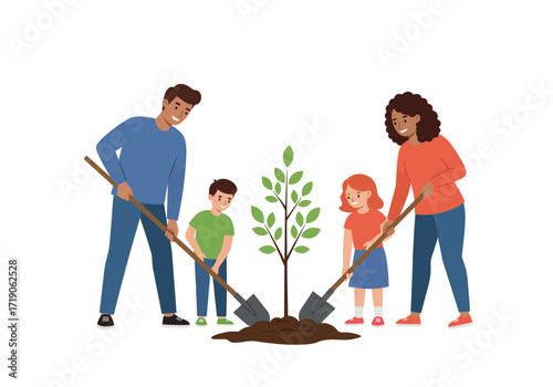 Family planting a tree father son mother daughter all with shovels