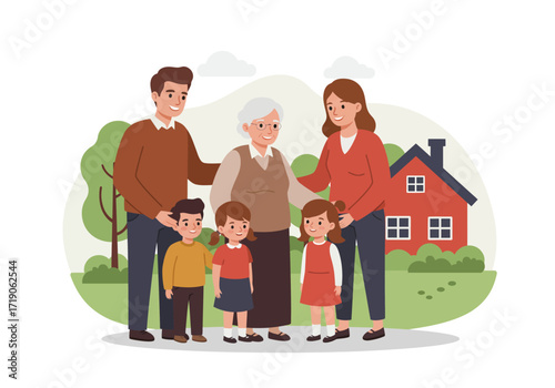Family posing in front of house with grandparents parents and two children