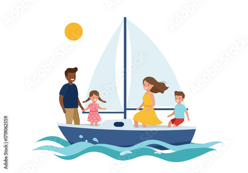 Family sailing on a yacht with a large sail in calm waters under a bright sun