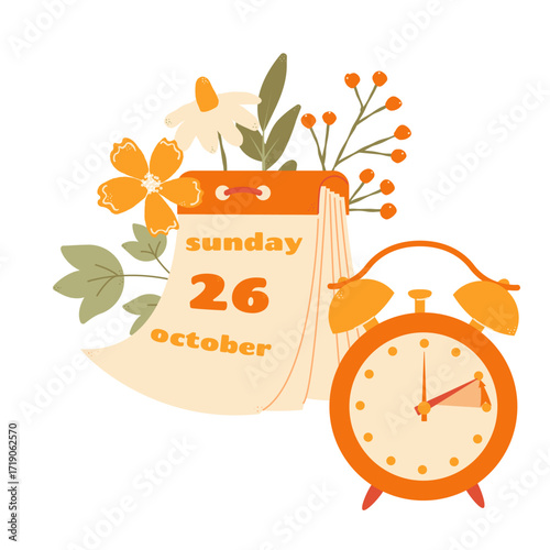 Fall Back in Europe 2025, change clock back one hour, Daylight Saving Time Ends web reminder banner in flat style. Clocks with arrow hand turning back an hour. Flat aesthetic web banner.