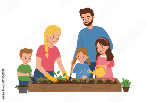 Family tending a raised garden bed a dad mom boy and two girls
