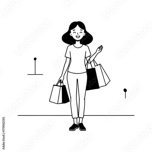 Black and white line art of a beautiful happy woman carrying shopping bags minimalist cheerful illustration
