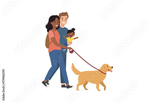 Family walking a golden retriever dog Woman carrying child Man walks next to her
