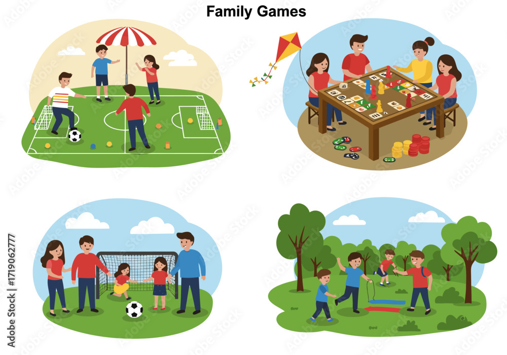 Fototapeta premium Four cartoon families engage in different games soccer board games and jumping rope in various outdoor settings
