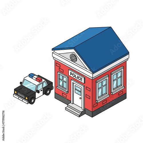 Charming police station illustration with patrol car ready for action, perfect for children's books, educational materials, and community safety campaigns