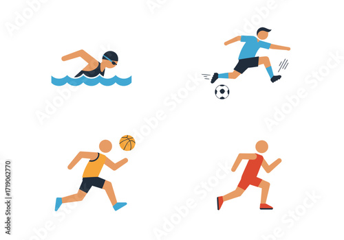 Four different sports stick figures a swimmer soccer player basketball player and runner
