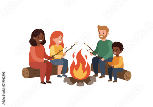 Four people roasting marshmallows around a campfire sitting on logs