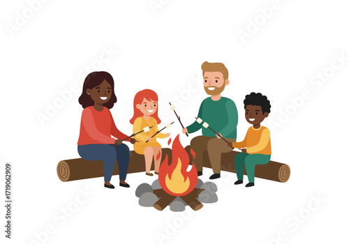 Four people sit on logs around a campfire roasting marshmallows