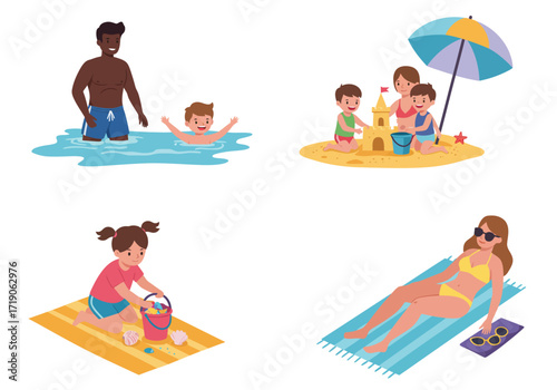 Four scenes depict beach activities swimming sandcastles shell collecting  sunbathing
