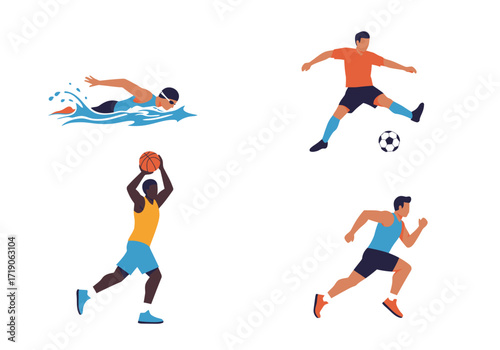 Four sports are depicted swimming soccer basketball and running
