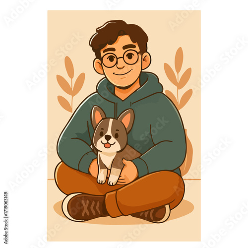 Man Sitting with Corgi Dog — Happy Pet Owner Portrait, Adoption / Companion Animal Concept, Flat Vector