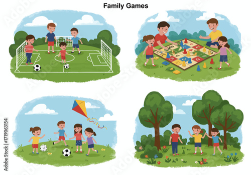 Four vignettes depict families playing outdoor games soccer board games kite flying and socializing in a park