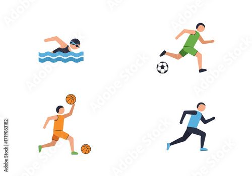 Graphics feature four athletes in action swimming soccer basketball and running
