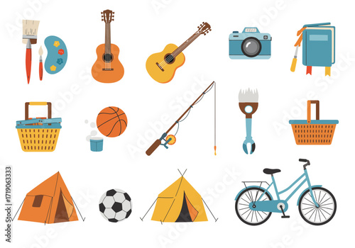 Illustration of various leisure items guitars camera book fishing rod baskets sports balls tents bicycle and art supplies