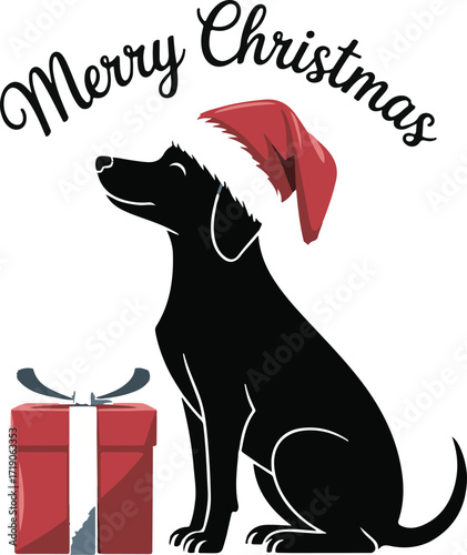 Christmas dog with Santa hat and gift silhouette vector