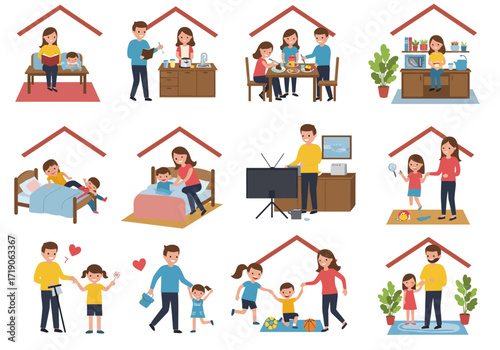 Illustrations show families doing indoor activities under red roof outlines