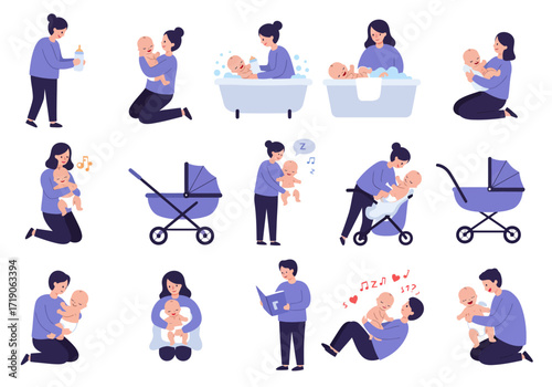 Illustrations depict caregivers interacting with babies feeding bathing cuddling reading using strollers