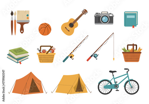 Outdoor recreation icons art supplies sports gear tents and picnic baskets all digitally rendered