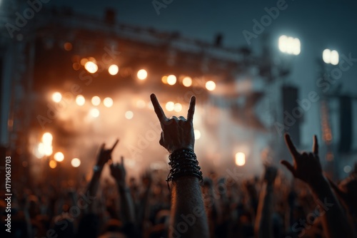 Crowd raises hands showing rock and roll gesture at a music festival concert